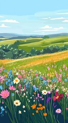 Canvas Print - Vibrant Wildflowers Bloom in Rolling Green Hills