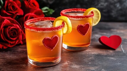 Wall Mural - A Valentine Sidecar cocktail with a red sugar rim, a lemon twist shaped like a heart, and a rose themed setup