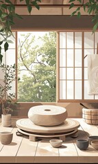 Canvas Print - Serene Pottery Studio with Stone Wheel and Window View