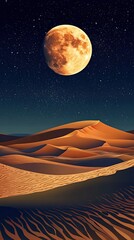 Wall Mural - Desert Dunescape Underneath a Large Orange Moon and Stars