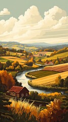 Wall Mural - Autumnal River Valley Farmland Landscape Scene