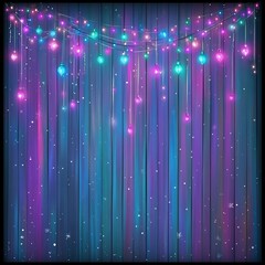 Glowing string lights hanging against a shimmering curtain.