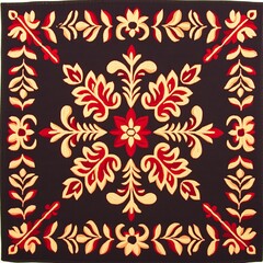 Square textile with red and gold floral pattern on dark background.