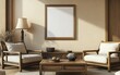 © AdibaZR - Minimalist living room with wooden furniture, empty frame, and natural light.