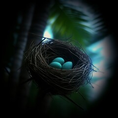 Three teal bird eggs nestled in a small, dark brown nest on a tree branch.