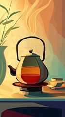 Canvas Print - Steaming Teapot and Teacup on Tabletop Setting