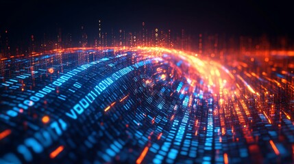 Abstract digital data flow, glowing binary code stream.