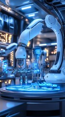 Poster - Robotic arm manipulating a test tube in a futuristic laboratory setting.