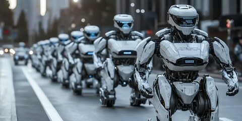 Fototapete - A line of futuristic robots walking in an urban setting.