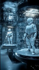 Poster - Two humanoid robots in glass chambers, showcasing advanced technology and design.