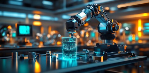 Poster - Robotic arm manipulating a glowing data cylinder in a futuristic industrial setting.