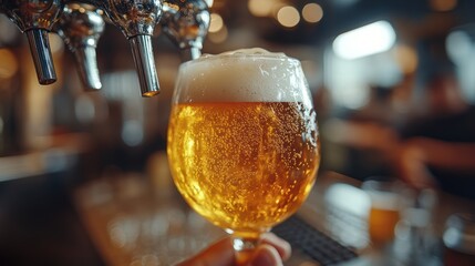 Wall Mural - Close-up of a beer being poured into a glass at a bar.