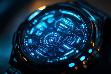 Fototapete - A close-up of a futuristic digital watch face displaying various high-tech data metrics.