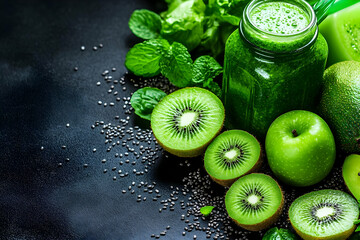 Wall Mural - Green Smoothie Illustration: Kiwi, Apple, Mint