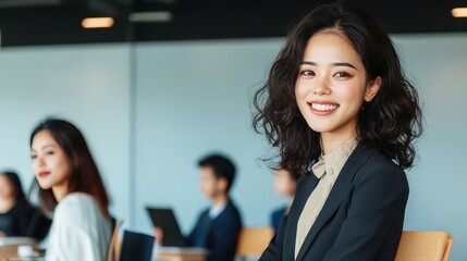 Wall Mural - Smiling Asian Businesswoman Succeeds in Meeting