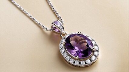 Wall Mural - A silver necklace with a pendant featuring a large oval-shaped purple gemstone surrounded by smaller diamonds.