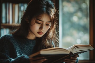 Wall Mural - Young woman engrossed in reading a book by a window in a library.