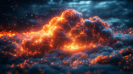 Poster - Fiery Glowing Cloud Formation with Bright Sparks in a Night Sky