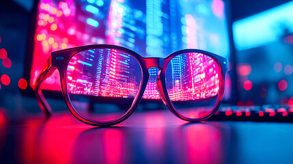 Eyeglasses reflecting computer screen showing futuristic programming code