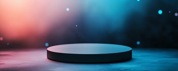 Wall Mural - A minimalist stage with a smooth circular platform, illuminated by blue and orange lights, creating a modern, atmospheric setting.