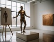 © Tianci - A bronze statue of a nude male figure stands on a pedestal in a modern art gallery, accompanied by a painting of the same figure on an easel.