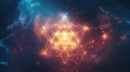 cosmic geometry: 3d render of a sacred geometry structure in a nebula. ai generated