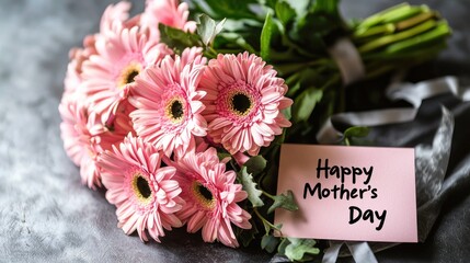 A bouquet of pink flowers and a handwritten 