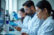 © SimpleDesignStudio - Focused Scientists in White Lab Coats Working on Computers in a Collaborative Laboratory Setting, Ideal for Science and Technology Themed Content