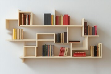 Wall Mural - Modern light wood bookshelf with books on a white wall.