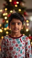 Wall Mural - Portrait of an Indian boy with short black hair, wearing a Christmas-themed onesie with snowflakes, standing in front of a Christmas tree filled with glowing lights, soft lighting, copy space,