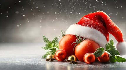 Festive cherry tomatoes in santa hat holiday celebration food art winter wonderland close-up whimsical concept