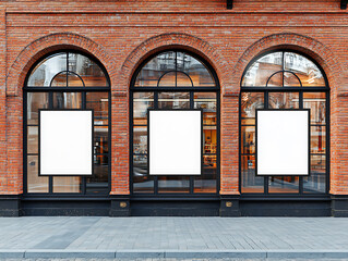 Three Blank White Signs in Arched Windows of a Brick Building: Perfect for Advertising or Mockups