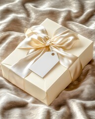 Wall Mural - A beautifully wrapped gift box with a satin ribbon and a blank tag on a soft fabric background.