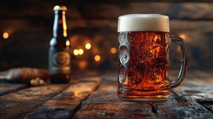 Wall Mural - Dark beer in a glass mug on a wooden table with a blurred bottle in the background.