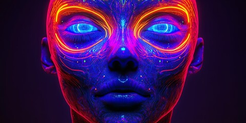 Poster - A vibrant, futuristic humanoid face with glowing features and intricate patterns.