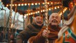 © Boraryn - A group of elderly men and women, tourists senior citizens, laughing and enjoying a merry go round in an amusement park, never too old to be young at heart, playful fun, bliss