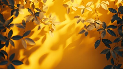 Wall Mural - Shadows of leaves play on a golden wall during sunset light