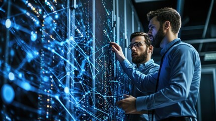 Two IT specialists examine server data network. Illustrates data analysis, tech support, and network solutions.