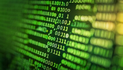digital matrix: abstract close-up of vibrant green binary code scrolling on a computer screen, sugge