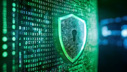 cybersecurity shield: digital fortress. a glowing green shield with a keyhole, set against a backdro