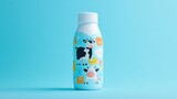 Dairy product in bottle with cow cartoon design on light blue background.