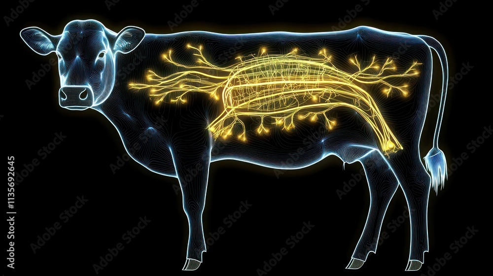 Real Life Cow Rumen X-ray style image of cow's digestive system, highlighting rumen ...