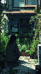 Wall Mural - Serene Moment A Person Contemplating Amidst Lush Greenery in a Japanese Alleyway.