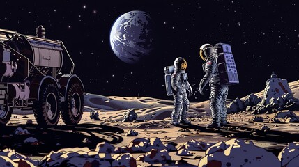Wall Mural - a cartoon-style illustration of two astronauts standing on the moon's surface with a rover and the e