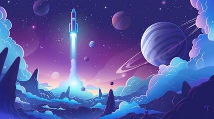Wall Mural - a cartoon-style illustration of a rocket launching into space.