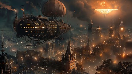 Wall Mural - a steampunk city at night with an airship flying overhead and a glowing orb in the sky.