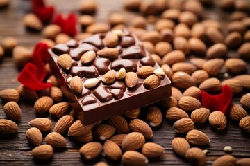 Wall Mural - Heart-Shaped Chocolate Bar on Table with Peanuts 