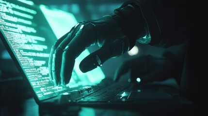 Cybersecurity expert typing code on a laptop at night.
