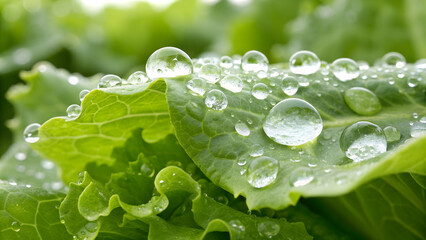 Wall Mural - Macro shot of water droplets on fresh lettuce leaves concept as Close up image capturing water droplets glistening on crisp lettuce leaves representing freshness and the importance of water in sustain