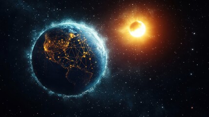 Wall Mural - global network connections visualized on earth with a solar eclipse.